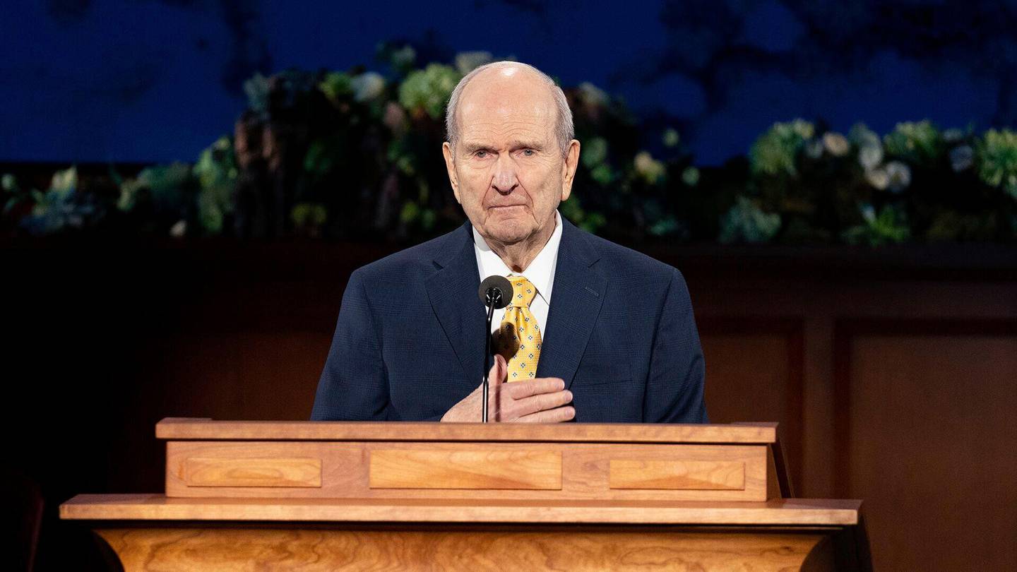 In this photograph provided by The Church of Jesus Christ of Latter-day Saints shows President Russell M. Nelson speaking during The Church of Jesus Christ of Latter-day Saints' twice-annual church conference Saturday, April 4, 2020, in Salt Lake City. The conference kicked off without anyone attending in person and top leaders sitting some 6 feet apart inside an empty room as the faith takes precautions to avoid the spread of the coronavirus. A livestream of the conference showed a few of the faith's top leaders sitting alone inside a small auditorium in Salt Lake City, Normally, top leaders sit side-by-side on stage with the religion's well-known choir behind them and some 20,000 people watching. (The Church of Jesus Christ of Latter-day Saints via AP)