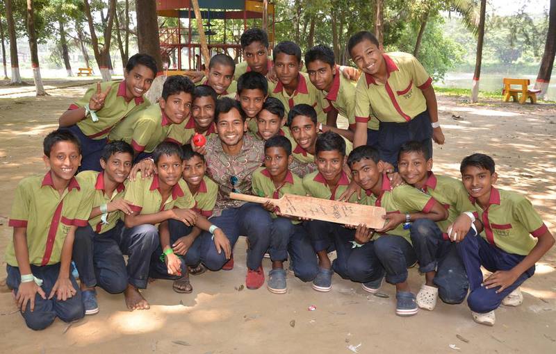 Former Bangladesh test cricket captain Mushfiqur Rahim visited the school that Eva Kernova set up in Bangladesh, along with Etihad volunteers. More than 600 cabin crew from Emirates and Etihad have visited since it opened. Courtesy Choice to Change 