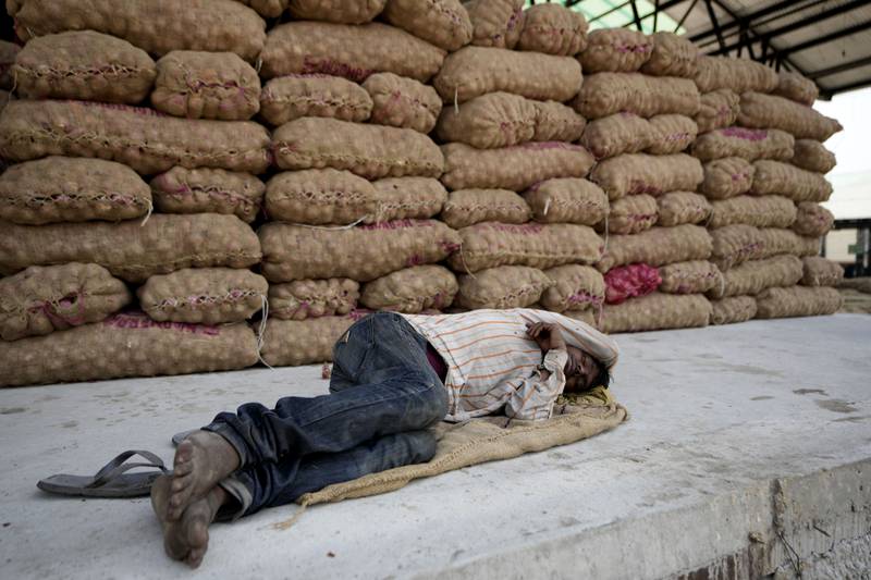 A labourer naps near sacks of vegetables in Jammu. AP