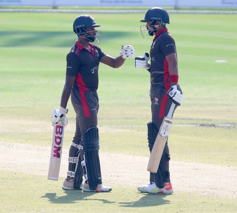 Vriitya Aravind, left, and Basil Hameed of the UAE during the T20 World Cup Qualifier against Ireland.