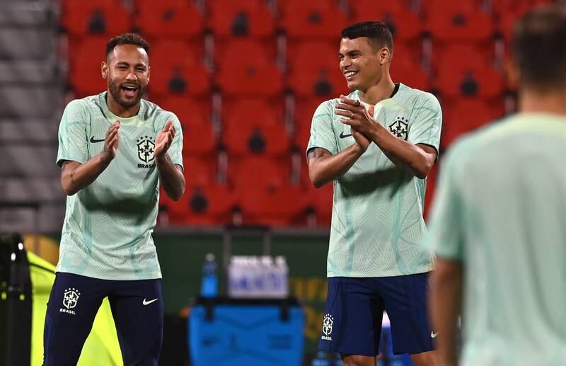 Neymar and Thiago Silva during Brazil's training session. EPA
