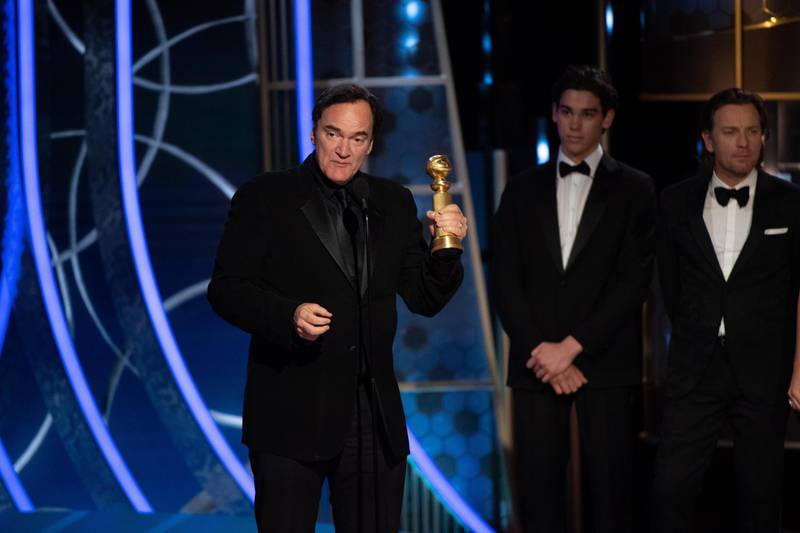 epa08106848 A handout photo made available by the Hollywood Foreign Press Association (HFPA) shows Quentin Tarantino accepting the Golden Globe Award for Best Screenplay - Motion Picture for 'Once Upon a Time...in Hollywood' during the 77th annual Golden Globe Awards ceremony at the Beverly Hilton Hotel, in Beverly Hills, California, USA, 05 January 2020.  EPA/HFPA / HANDOUT ATTENTION EDITORS: IMAGE MAY ONLY BE USED UNALTERED, ONE TIME USE ONLY WITHIN 60 DAYS MANDATORY CREDIT HANDOUT EDITORIAL USE ONLY/NO SALES