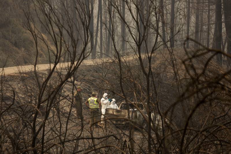 Police officers work at the site of the wildfire 