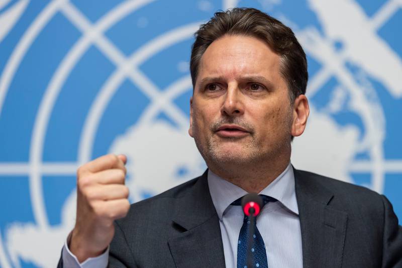 epa07167187 Switzerland's Pierre Kraehenbuehl, UNRWA Commissioner-General, speaks about the UNRWA work, achievements and challenges in 2018 and beyond, during a press conference, at the European headquarters of the United Nations in Geneva, Switzerland, 15 November 2018.  EPA/MARTIAL TREZZINI