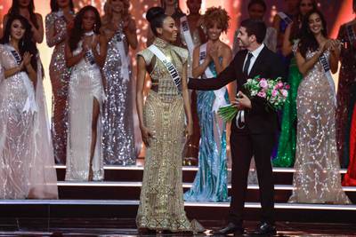 Miss Universe second runner-up Lalela Mswane from South Africa reacts during the 70th Miss Universe beauty pageant. AFP