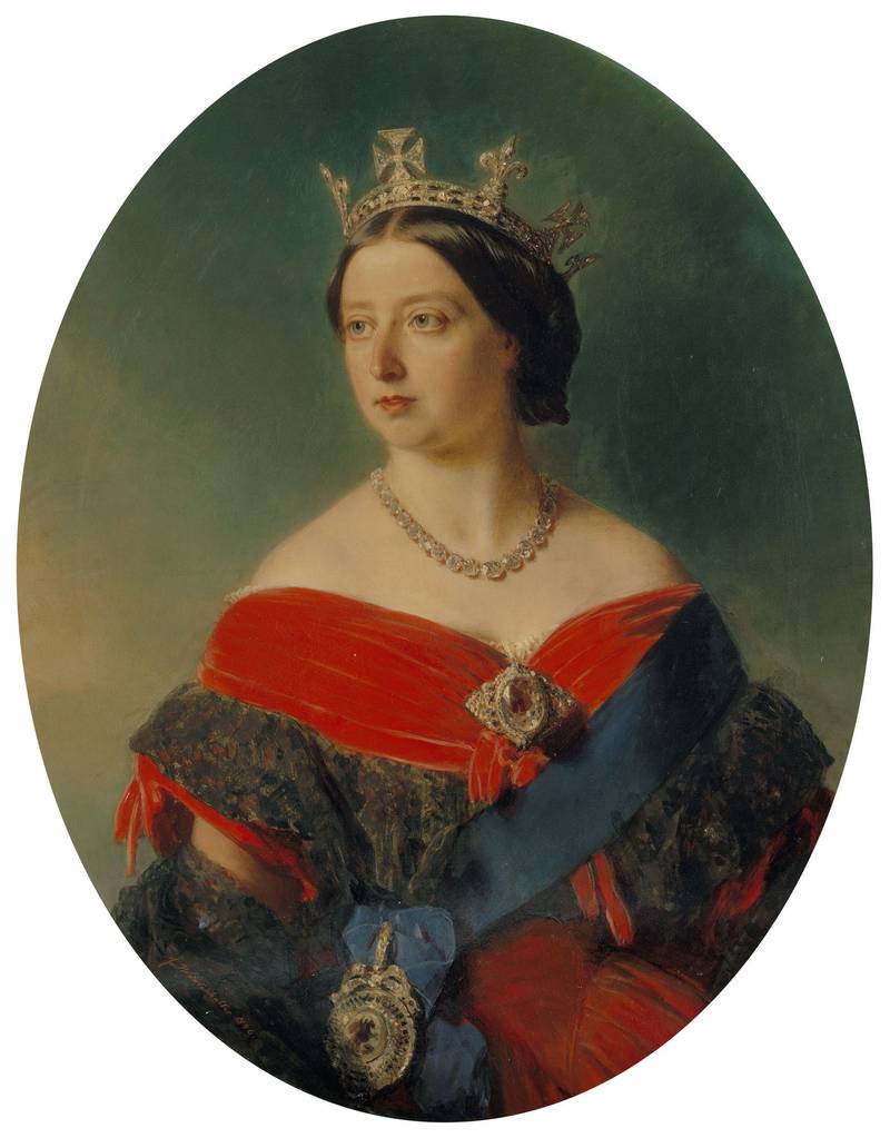 A portrait of Queen Victoria by Franz Xaver Winterhalter showing the Koh-i-Noor on a brooch. UK Royal Collection