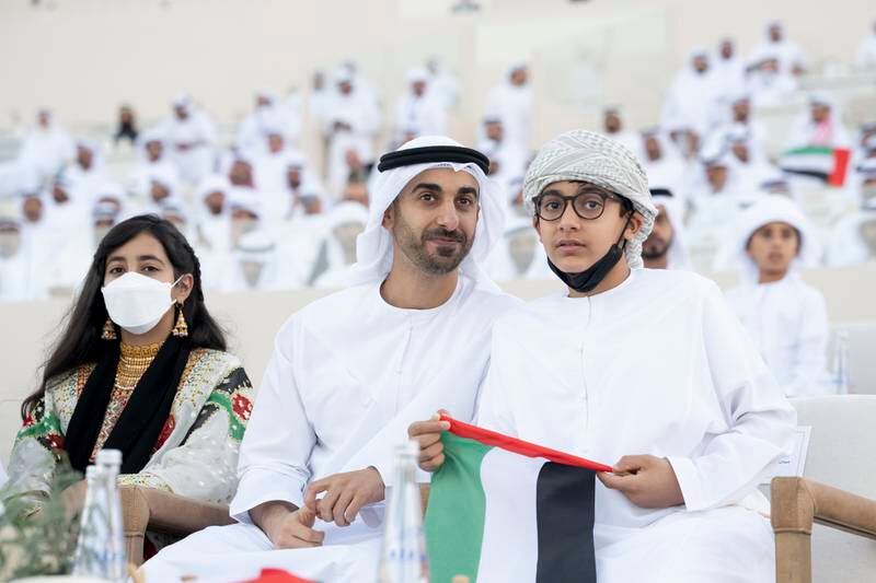 Sheikh Tahnoon bin Mohamed, Sheikh Hamdan bin Mohamed, and Sheikha Fatima bint Mohamed attend the Union Parade during the Sheikh Zayed Heritage Festival. 
Hamad Al Kaabi / Presidential Court 