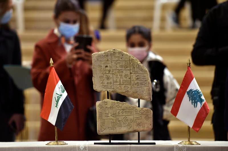 Ancient Iraqi artefacts at a handover ceremony of treasures from Lebanon to Iraq, hosted by the Lebanese National Museum in Beirut. EPA