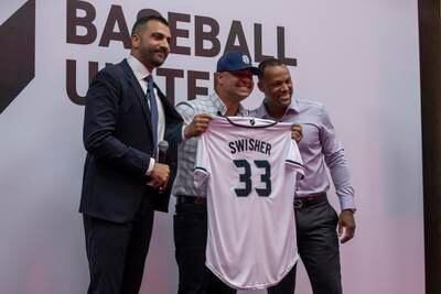 New York Yankees World Series champion Nick Swisher, centre, with former MLB star Adrian Beltre, right, and Baseball United’s chief executive Kash Shaikh, left, at the official launch of Baseball United’s Dubai Showcase on Thursday, August 3, 2023. All photos: Antonie Robertson / The National
