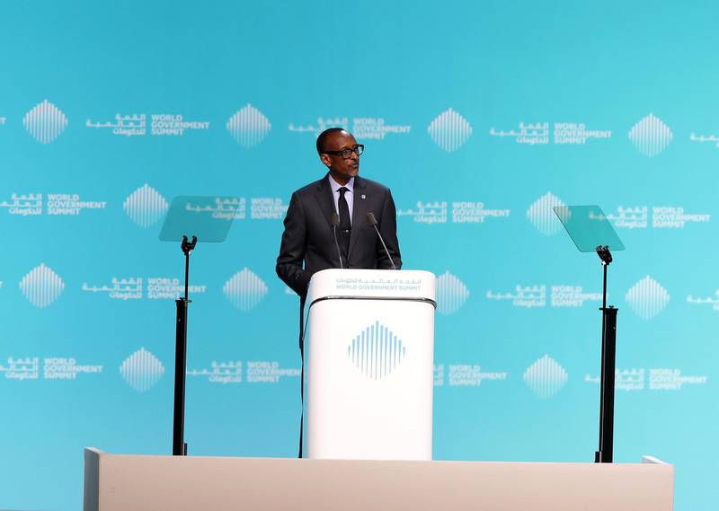 Dubai, United Arab Emirates - February 12, 2019: H.E. Paul Kagame, President of Rwanda speaks during day 3 at the World Government Summit. Tuesday the 12th of February 2019 at Madinat, Dubai. Chris Whiteoak / The National
