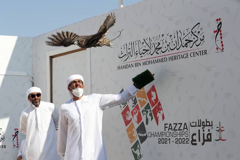 One of the participant with his falcon taking part in the Pure Jeer races during the Fazza Falconry Championship 2022 held at Ruwayyah desert area in Dubai. Participants from GCC countries are taking part in the Fazza Falconry Championship 2022, which is sponsored by Sheikh Hamdan bin Mohammed, Crown Prince of Dubai. All photos by Pawan Singh / The National