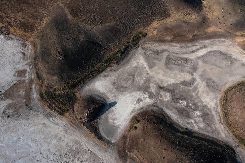 An aerial view shows salt deposits in Meke Lake, near Karapinar. The volcanic crater lake, which was created by an eruption four million years ago, dried out in 2020.
