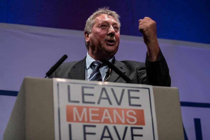 BOURNEMOUTH, ENGLAND - OCTOBER 15: DUP politician Sammy Wilson, who is Member of Parliament (MP) for East Antrim, speaks at the 'Leave Means Rally' at the Bournemouth International Centre on October 15, 2018 in Bournemouth, England. Leave Means Leave is a pro-Brexit campaign, holding a series of rallies and events across the United Kingdom. (Photo by Matt Cardy/Getty Images)