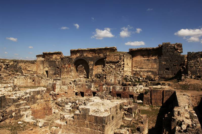 Ruins of a Roman bath at Bosra, a historical site in southern Syria.