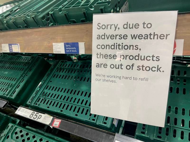 Empty shelves in the fruit and vegetable aisles of a Tesco supermarket in Burgess Hill, southern England. Grocers say bad weather in Spain and Morocco last year is to blame for the latest shortages. Getty