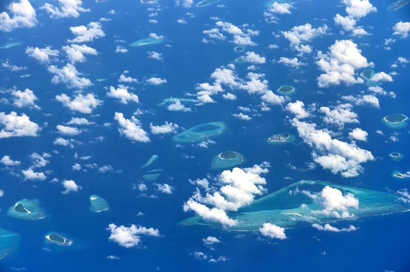 Aerial view of Baa Atoll and Hani Kandu Channel, Maldives, Indian Ocean.