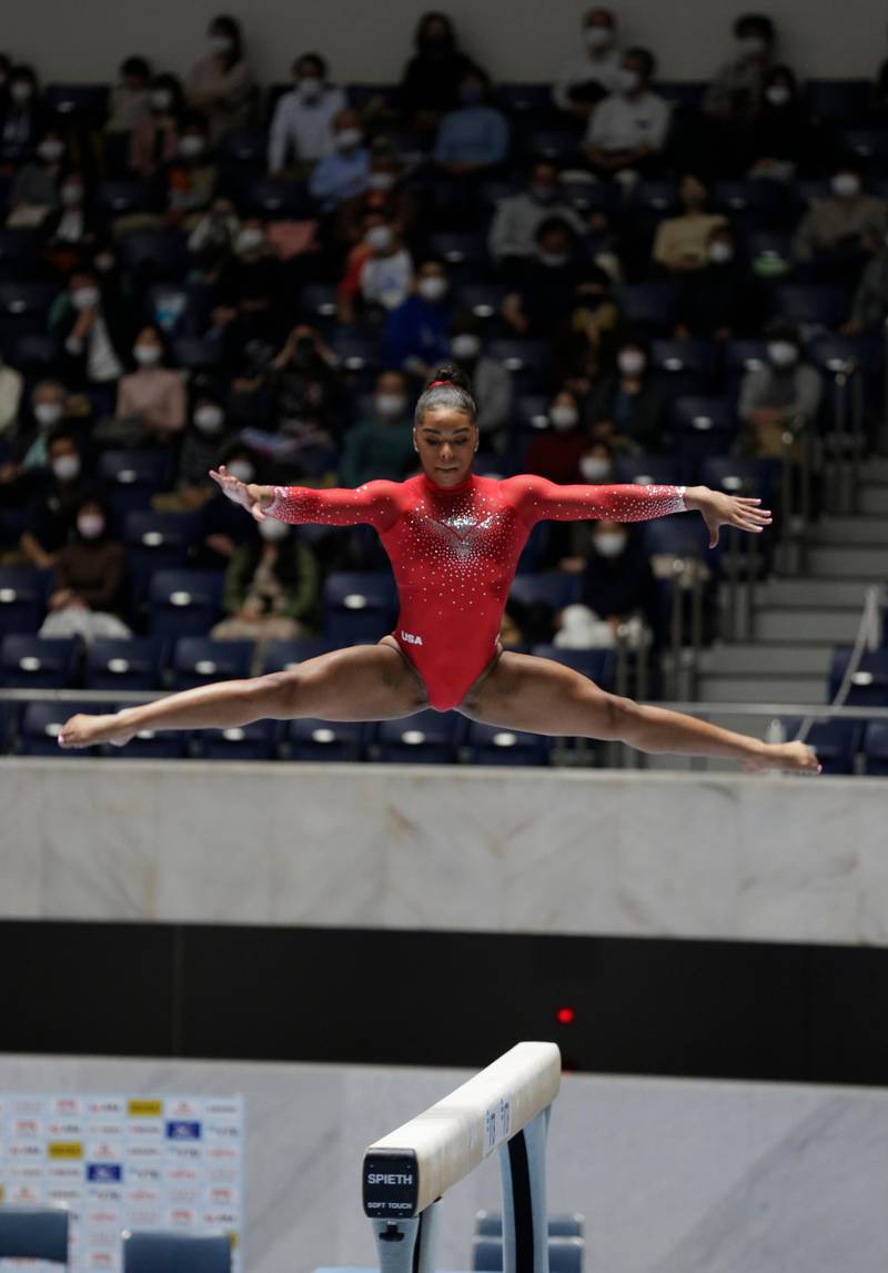eMjae Frazier of the US competes in the beam. AP
