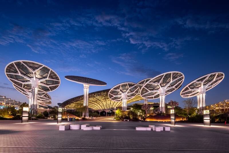 A night view of Terra - The Sustainability Pavilion, Expo 2020 Dubai. Photo: Expo 2020 Dubai