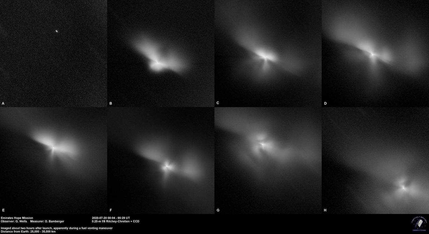 Images of Hope probe in space captured two hours after its launch on July 20. Courtesy: Northolt Branch Observatories 
