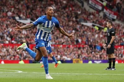 Joao Pedro of Brighton & Hove Albion celebrates after scoring his team's third goal against Manchester United in the Premier League game at Old Trafford on September 16, 2023. Getty 