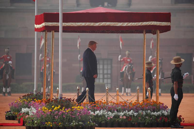 US President Donald Trump receives a ceremonial welcome at Rashtrapati Bhavan, the presidential palace, in New Delhi, India.  AP
