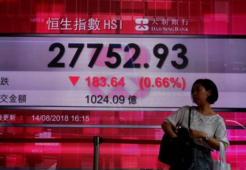 A woman walks past a bank electronic board showing the Hong Kong share index at Hong Kong Stock Exchange Wednesday, Aug. 15, 2018. Shares were mostly lower in Asia early Wednesday despite a rally overnight on Wall Street as investors' jitters over the Turkish currency crisis eased. (AP Photo/Vincent Yu)