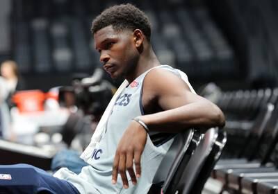 Anthony Edwards of the Minnesota Timberwolves takes a breather during a training session. Chris Whiteoak / The National