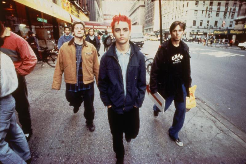 Punk rock trio Green Day (L-R) bassist Mike Dirnt, vocalist & guitarist Billie Joe (Armstrong) & drummer Tre Cool sauntering streets of NYC. (Photo by Ken Schles/The LIFE Images Collection/Getty Images)