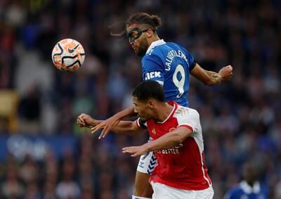 Everton's Dominic Calvert-Lewin vies for the ball with Arsenal's William Saliba. Reuters
