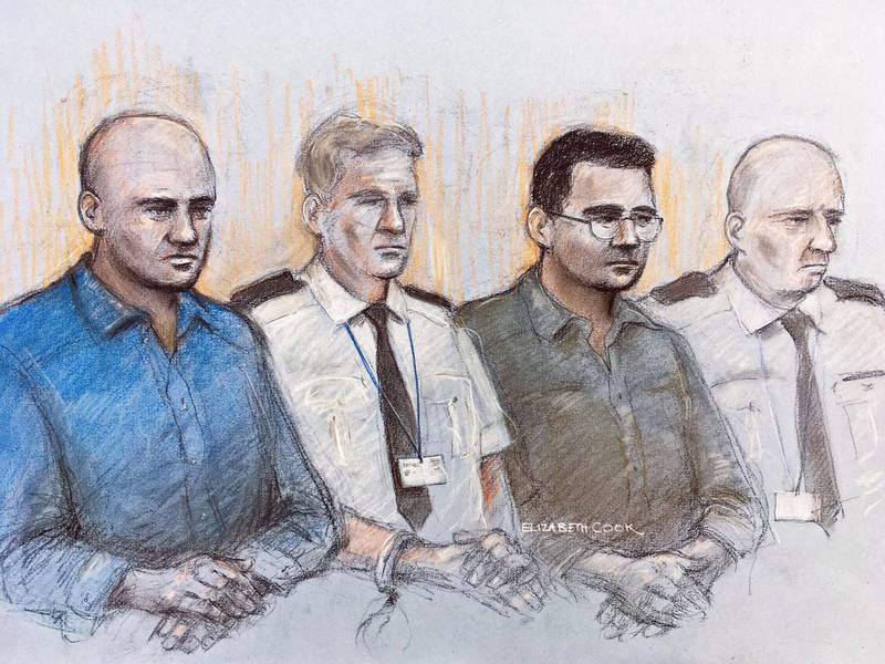 FILE - This file court artist sketch dated Oct. 6, 2020 by Elizabeth Cook shows Gheorghe Nica, left, and Eamonn Harrison, right, at the Old Bailey in London. Two members of an international people-smuggling gang were convicted of manslaughter on Monday Dec. 21, 2020, over the deaths of 39 people who were found in the back of a container truck in southeast England. A jury at London‚Äôs Central Criminal Court found Romanian mechanic Gheorghe Nica, 43, and Northern Irish truck driver Eamonn Harrison, 24, guilty of the deaths of the Vietnamese victims, who were found dead in the English town of Grays. (Elizabeth Cook/PA via AP, File)