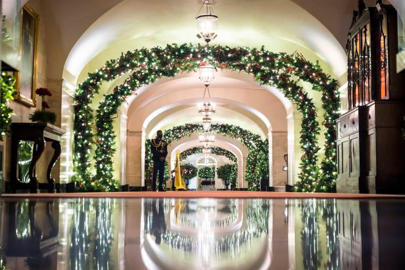 The Centre Hall during a press preview of the 2021 holiday decor at the White House. EPA