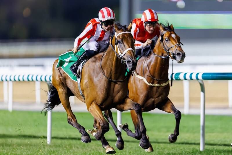 Pat Dobbs and Al Nayyir, left, win from Adrie de Vries and Withering at Meydan on Sunday, January 15, 2023. – Adiyat Racing Plus