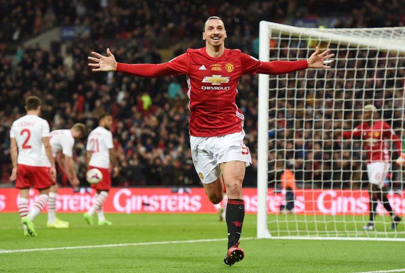  Manchester United's Zlatan Ibrahimovic celebrates after scoring against Southampton during the English Football League Cup final at Wembley Stadium in London, Britain, 26 February 2017. EPA