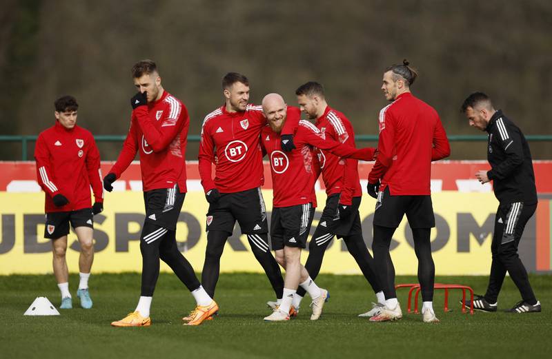 Wales players during training including Aaron Ramsey, Jonny Williams and Gareth Bale. Reuters