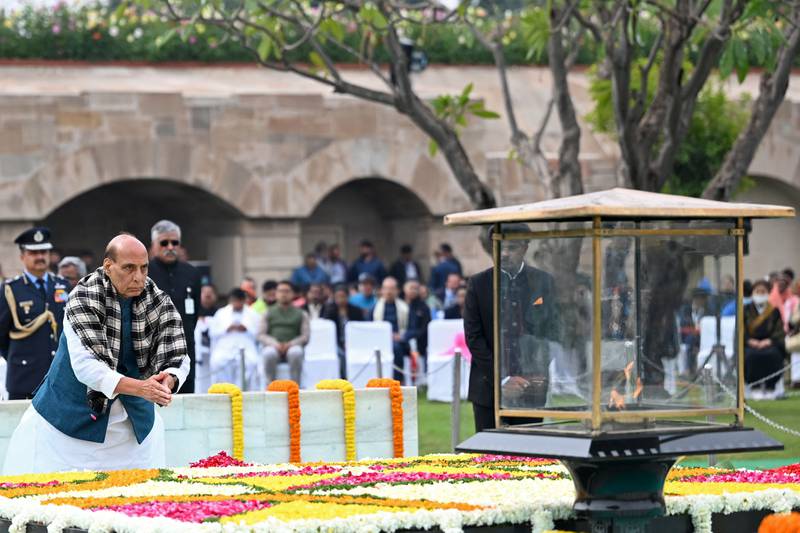Defence Minister Rajnath Singh pays his respects in the Indian capital. AFP