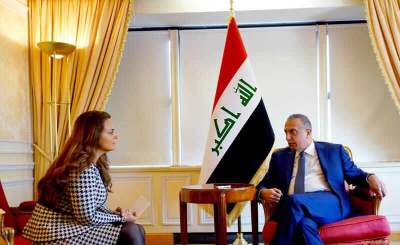 Prime Minister Mustafa Al Kadhimi during an interview with Editor-in-Chief of 'The National' Mina Al-Oraibi in New York. Photo: Iraq's Prime Minister's Media Office
