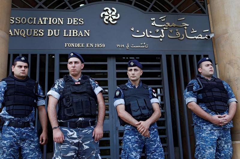 Lebanese police stand outside the entrance of the Association of Banks in downtown Beirut, Lebanon November 1, 2019. REUTERS/Mohamed Azakir