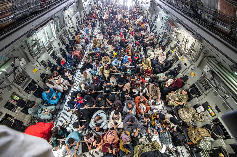 An evacuation flight with 265 people on board leaving Kabul airport as part of Operation Pitting. Photo: MoD/PA