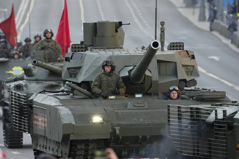 A T-14 Armata tank rolls towards Red Square to attend a rehearsal for the Victory Day military parade in Moscow last May. British intelligence says Russia might deploy these tanks in Ukraine. AP Photo