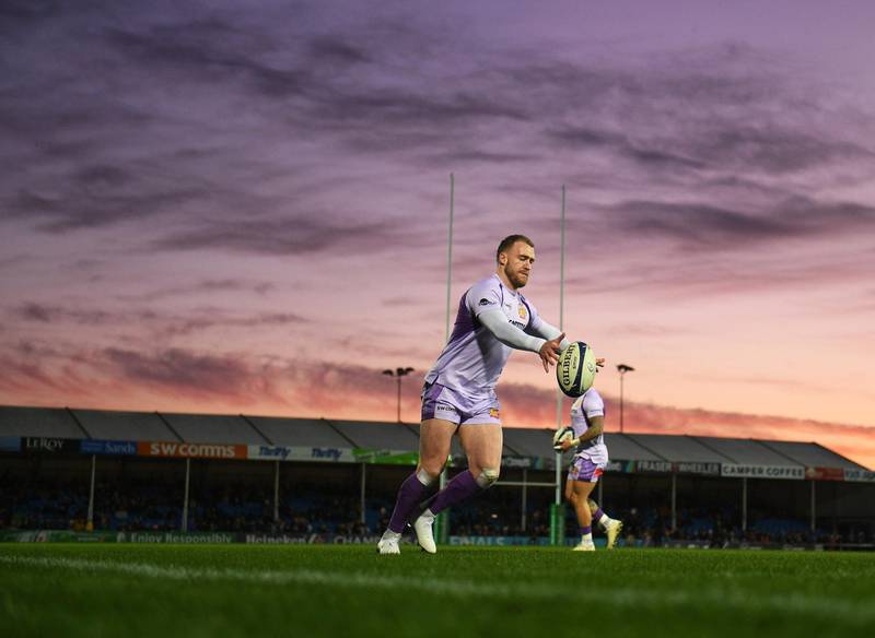 Stuart Hogg of Exeter Chiefs warms up ahead of their Champions Cup match at home to La Rochelle at Sandy Park on Saturday, January 1. Getty