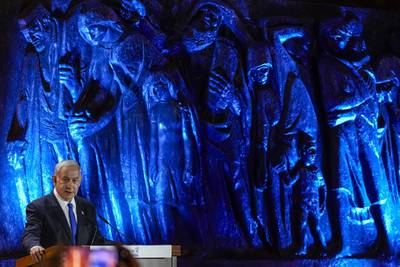 Benjamin Netanyahu at the opening ceremony of the Holocaust Martyrs and Heroes Remembrance Day at Yad Vashem Holocaust Museum in Jerusalem. AP