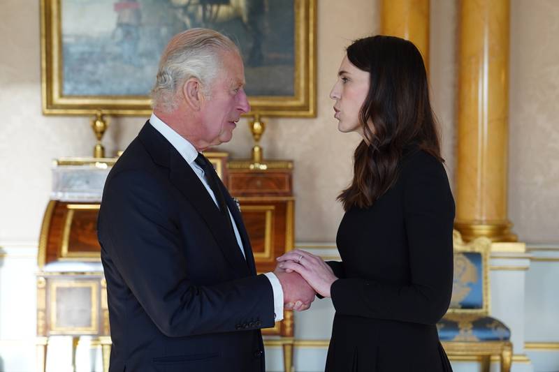 Britain's King Charles III speaks with Ms Ardern, as he receives realm prime ministers in the 1844 Room at Buckingham Palace, on September 17, 2022. PA