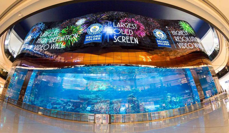 Emaar Entertainment, the leisure and entertainment subsidiary of Emaar Properties, has unveiled a record-breaking organic light-emitting diode (OLED) screen above Dubai Aquarium & Underwater Zoo. Courtesy Emaar Entertainment