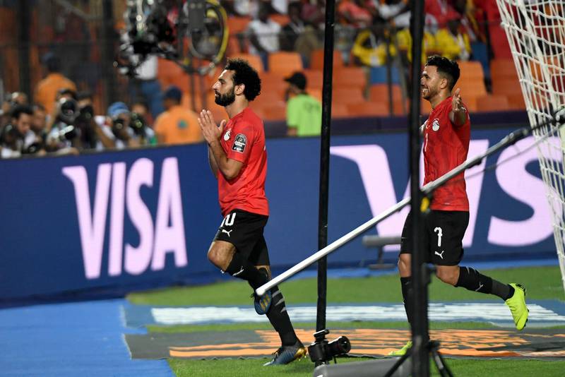 Egypt forward Mohamed Salah celebrates after scoring against DR Congo at the Cairo International Stadium. AFP