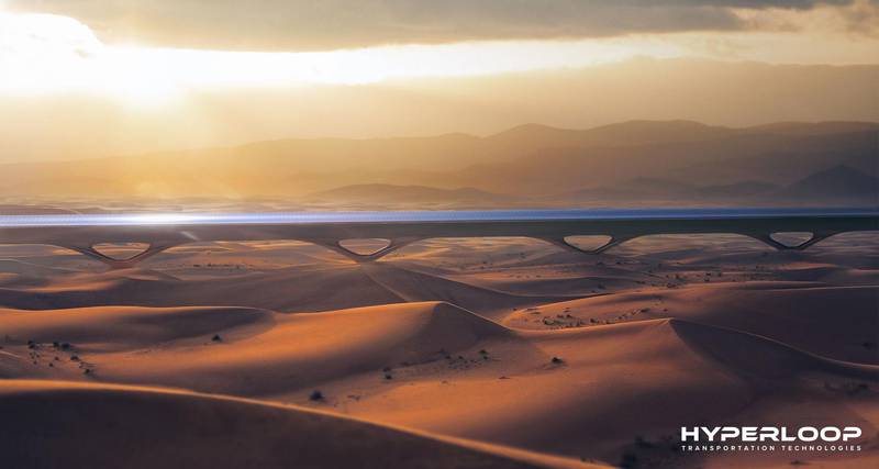 An artist impression of what the HyperloopTT system could look like in the Abu Dhabi desert. Courtesy Hyperloop Transportation Technologies