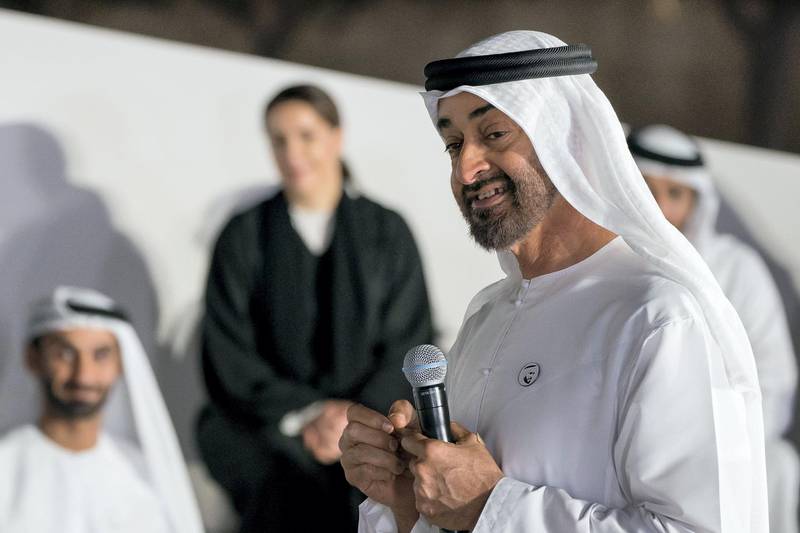 ABU DHABI, UNITED ARAB EMIRATES - January 07, 2019: HH Sheikh Mohamed bin Zayed Al Nahyan, Crown Prince of Abu Dhabi and Deputy Supreme Commander of the UAE Armed Forces (C), delivers a speech during the launch of the National Experts Program, at The Founders Memorial.

( Rashed Al Mansoori / Ministry of Presidential Affairs )
---