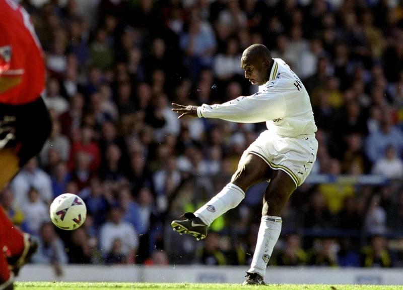 3 Apr 1999:  Jimmy Floyd Hasselbaink of Leeds United shoots with power at goal during the FA Carling Premiership match against Nottingham Forest played at Elland Road in Leeds, England. The match finished in a 3-1 win for Leeds United. \ Mandatory Credit:Tony O''Brien /Allsport/Getty Images