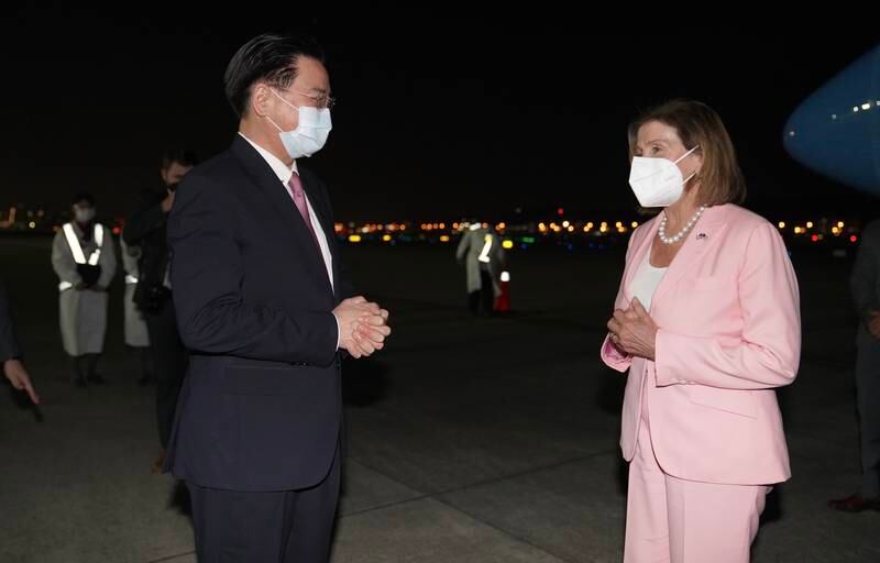 Ms Pelosi is greeted by Joseph Wu, Taiwan's foreign minister, at Songshan Airport. EPA / Taiwan Ministry of Foreign Affairs 