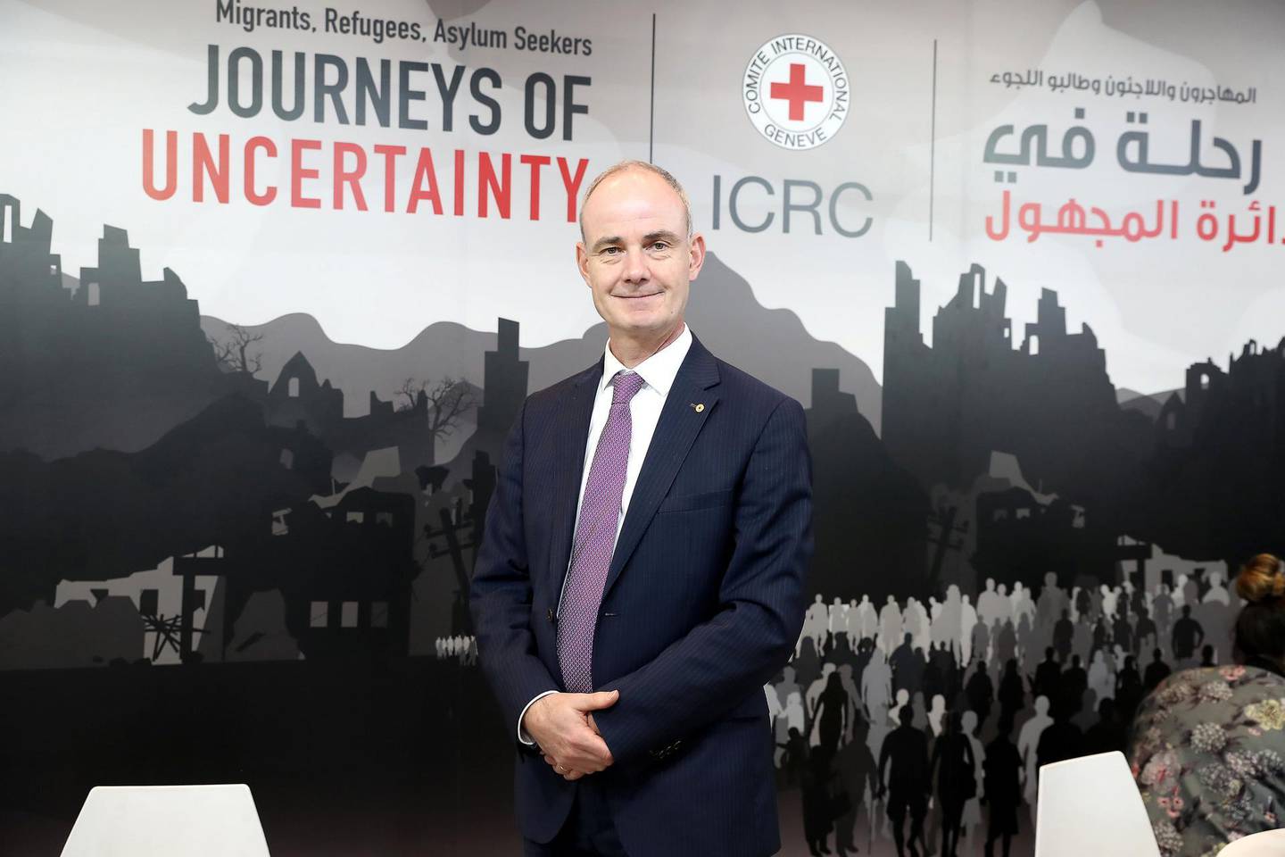 DUBAI , UNITED ARAB EMIRATES , March 13 – 2019 :- Prof. Gilles Carbonnier from ICRC at the ICRC stand at Dubai International Humanitarian Aid and Development (DIHAD) Conference held at Dubai International Convention Centre in Dubai. ( Pawan Singh / The National ) For News. Story by Patrick