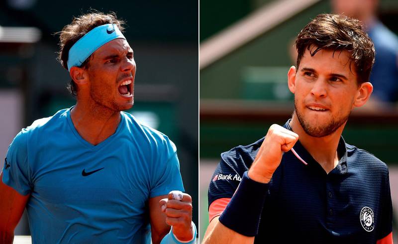 epa06795820 A combo picture shows Rafael Nadal of Spain (L) and Dominic Thiem (R) of Austria during their semi final matches during the French Open tennis tournament at Roland Garros in Paris, France, 08 June 2018. Both will play the final match of the tournament on 10 June. Nadal has won the French Open already 10 times as for Thiem it will be the first appearance in a Grand Slam final.  EPA/YOAN VALAT / CAROLINE BLUMBERG